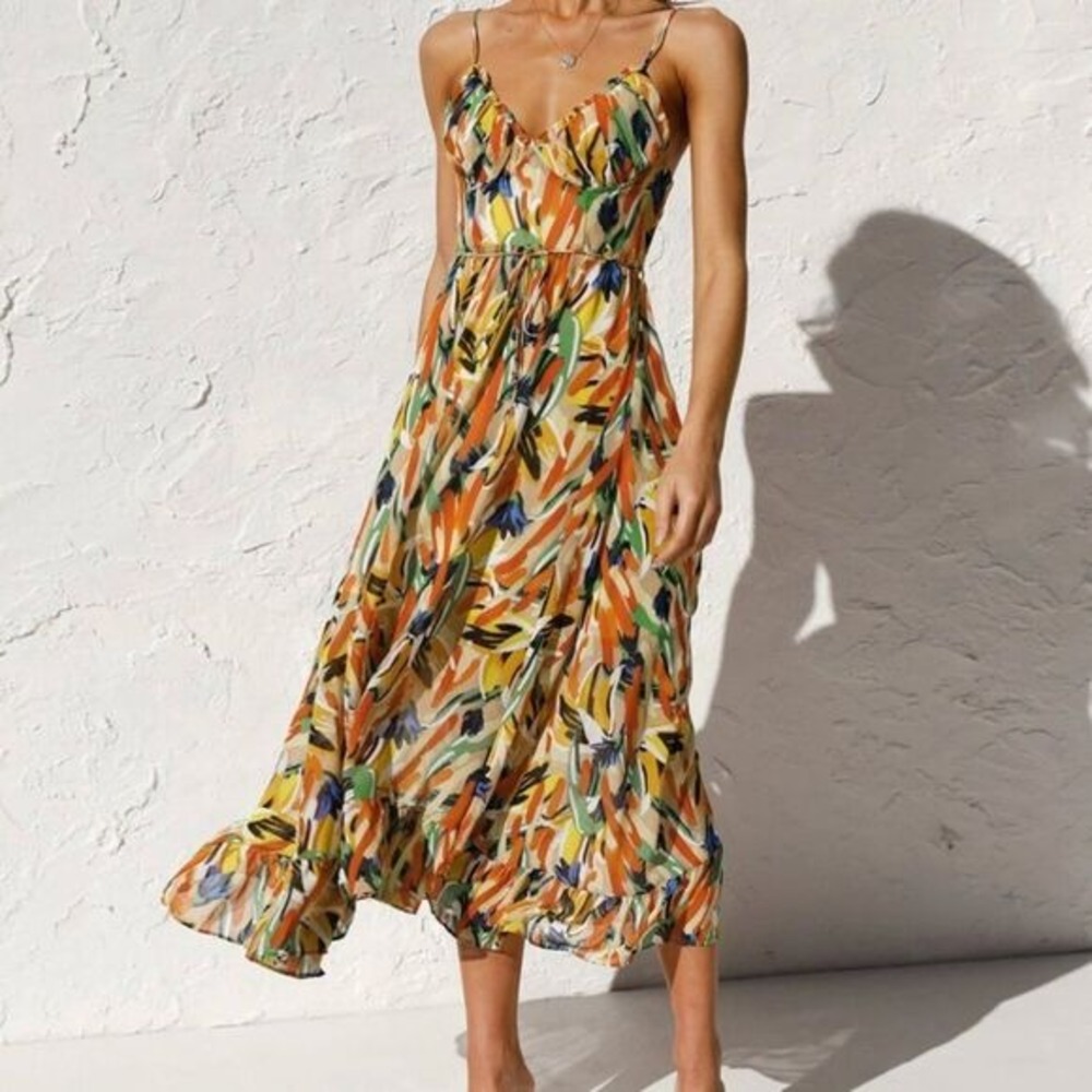 Vibrant‎ Abstract Print Midi Dress Spaghetti Strap Summer Sundress NWT